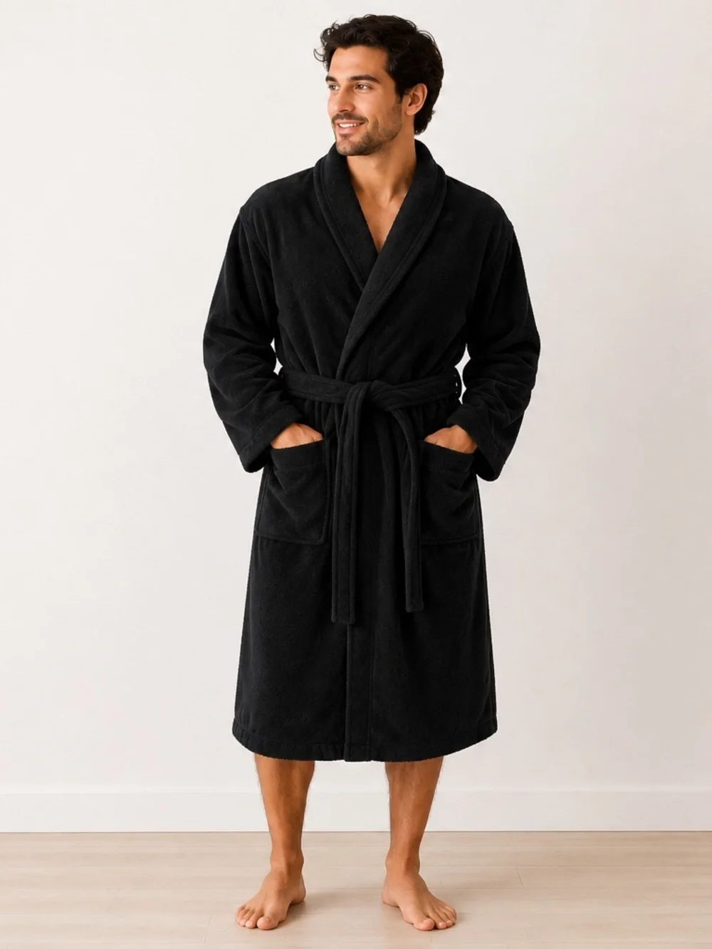 Black Bathrobe 100% Cotton Unisex Soft Spa Robe S/M Turkish Towel Belted Pockets